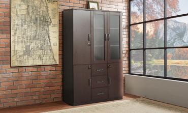 File Cabinet with 2 Glass Door, 3 Wooden Door & 3 Drawers